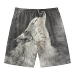 Monochrome Howling Wolf Print Men's Swim Trunks