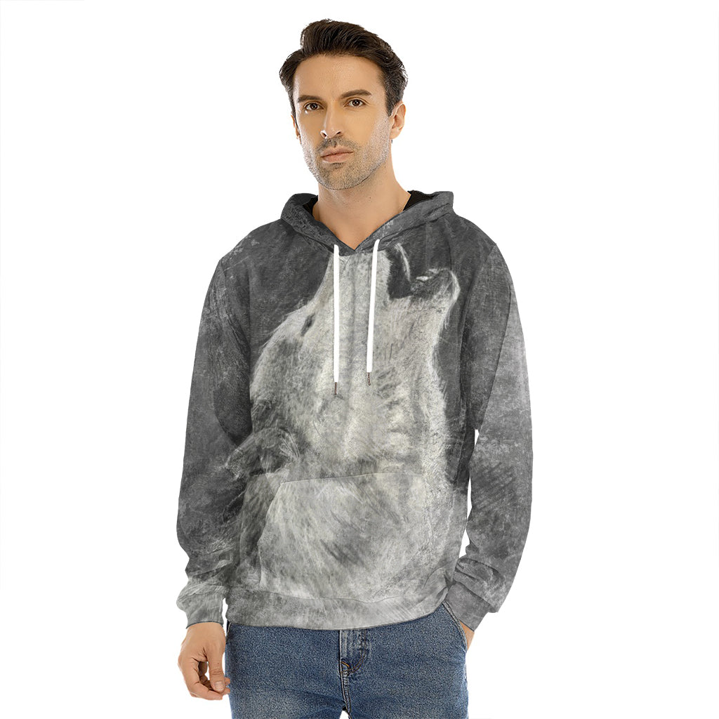 Monochrome Howling Wolf Print Men's Velvet Pullover Hoodie