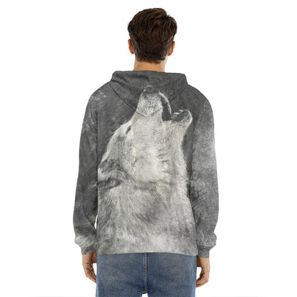 Monochrome Howling Wolf Print Men's Velvet Pullover Hoodie