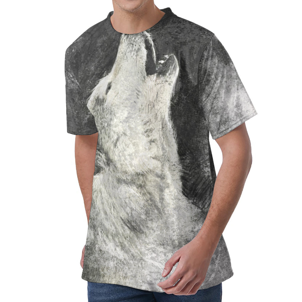 Monochrome Howling Wolf Print Men's Velvet T-Shirt