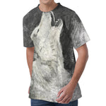 Monochrome Howling Wolf Print Men's Velvet T-Shirt