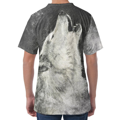 Monochrome Howling Wolf Print Men's Velvet T-Shirt