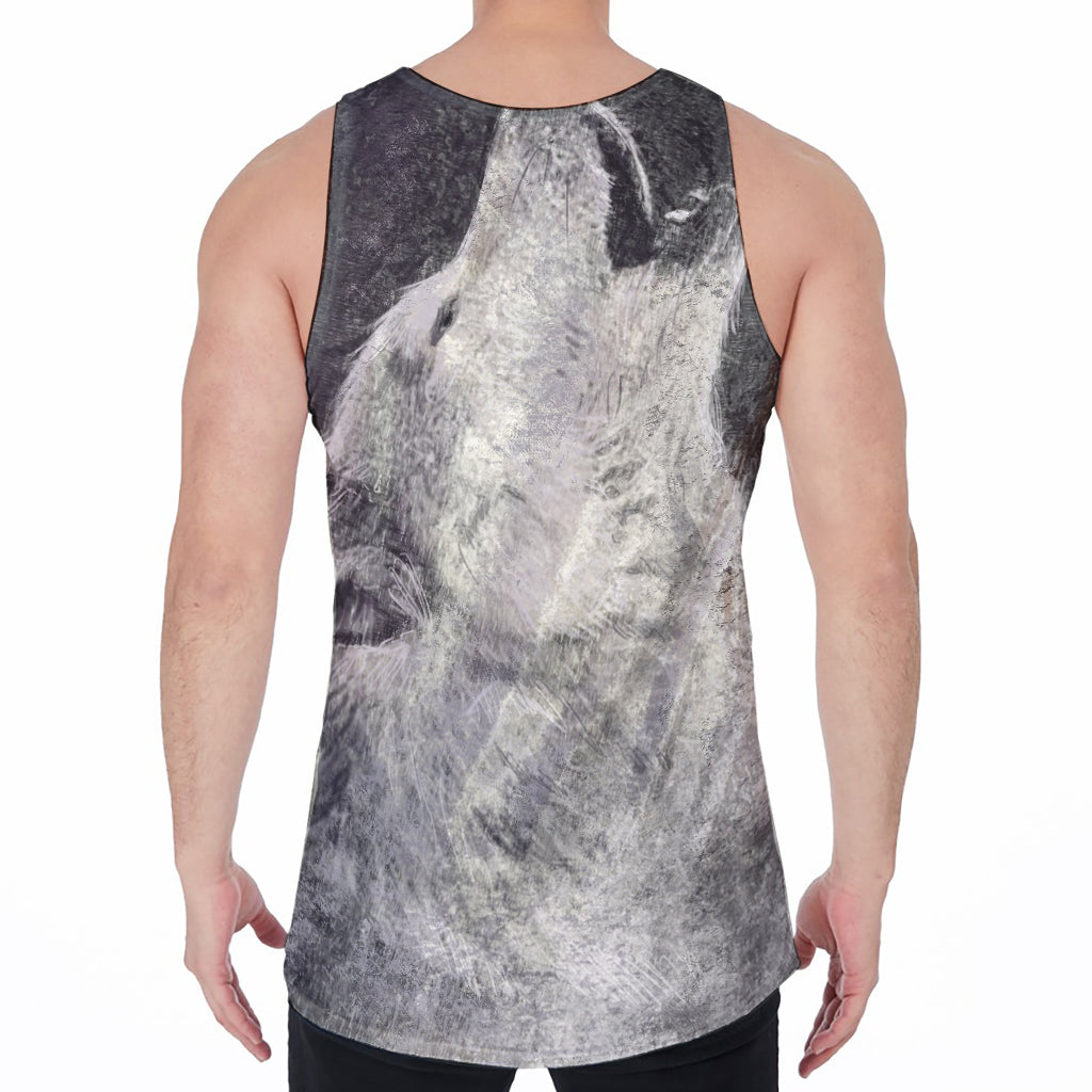 Monochrome Howling Wolf Print Men's Velvet Tank Top