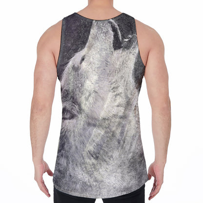 Monochrome Howling Wolf Print Men's Velvet Tank Top