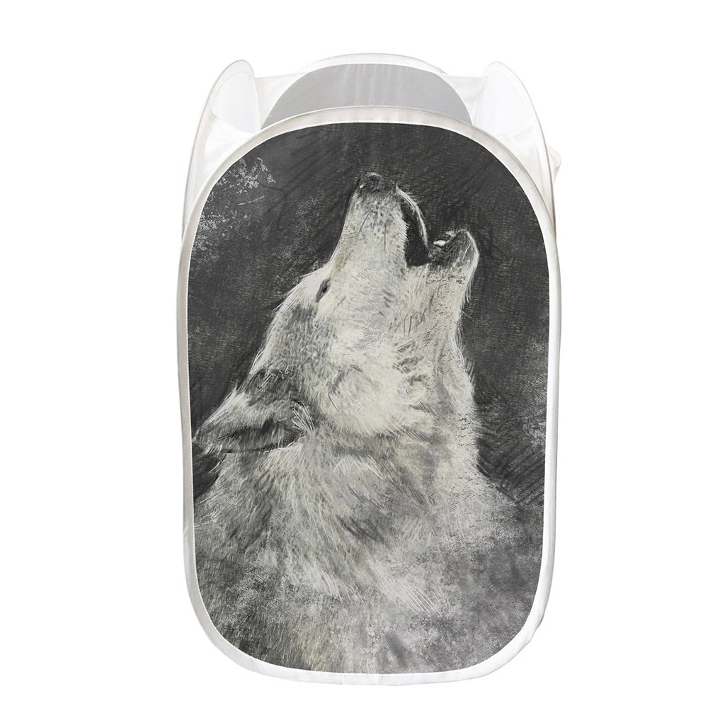 Monochrome Howling Wolf Print Mesh Laundry Hamper