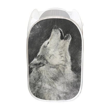 Monochrome Howling Wolf Print Mesh Laundry Hamper