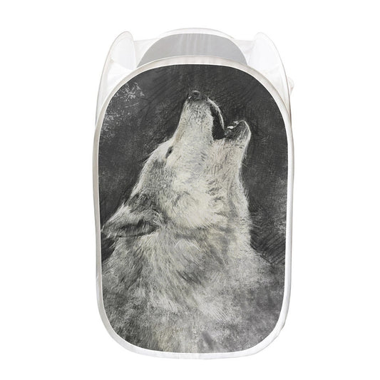 Monochrome Howling Wolf Print Mesh Laundry Hamper