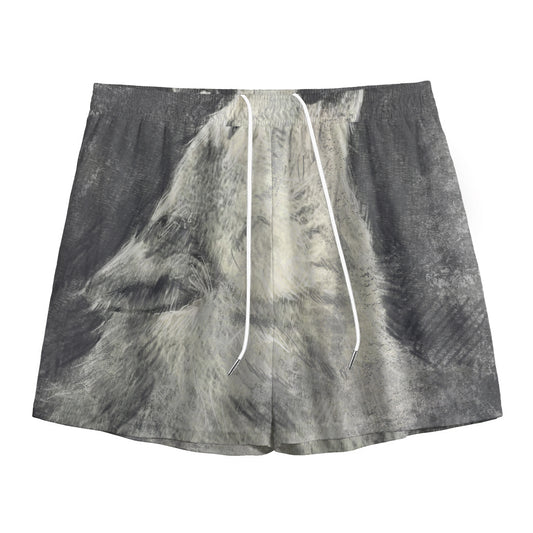 Monochrome Howling Wolf Print Mesh Shorts