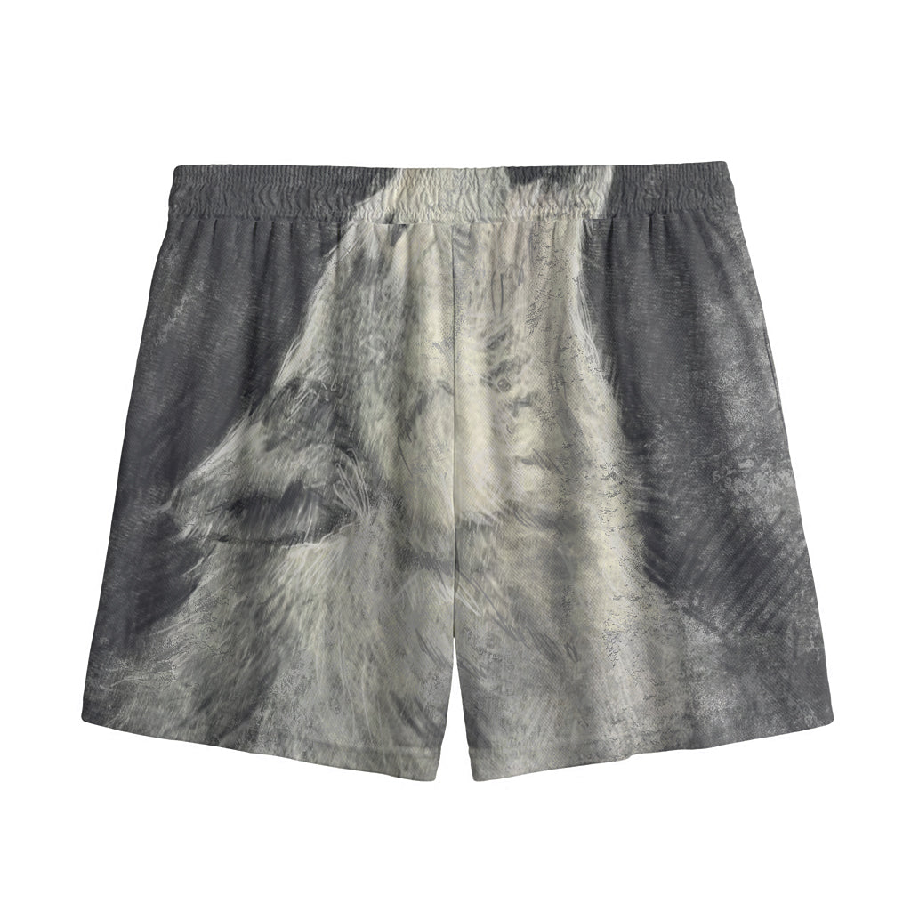 Monochrome Howling Wolf Print Mesh Shorts