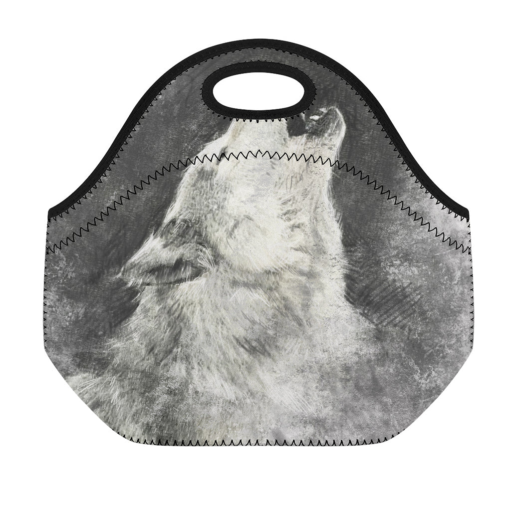 Monochrome Howling Wolf Print Neoprene Lunch Bag