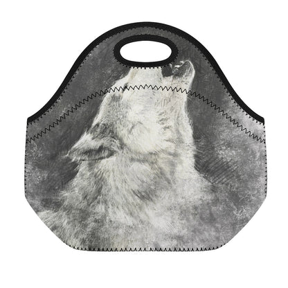 Monochrome Howling Wolf Print Neoprene Lunch Bag