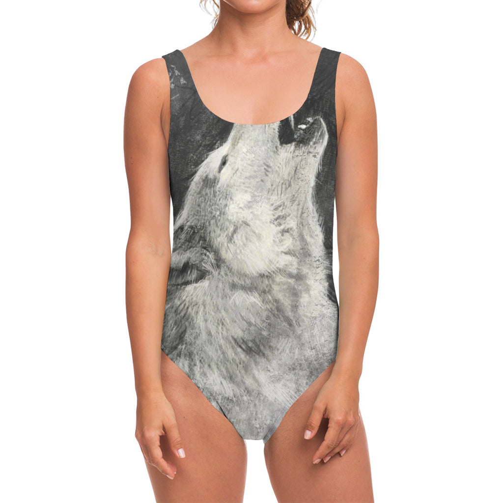 Monochrome Howling Wolf Print One Piece Swimsuit