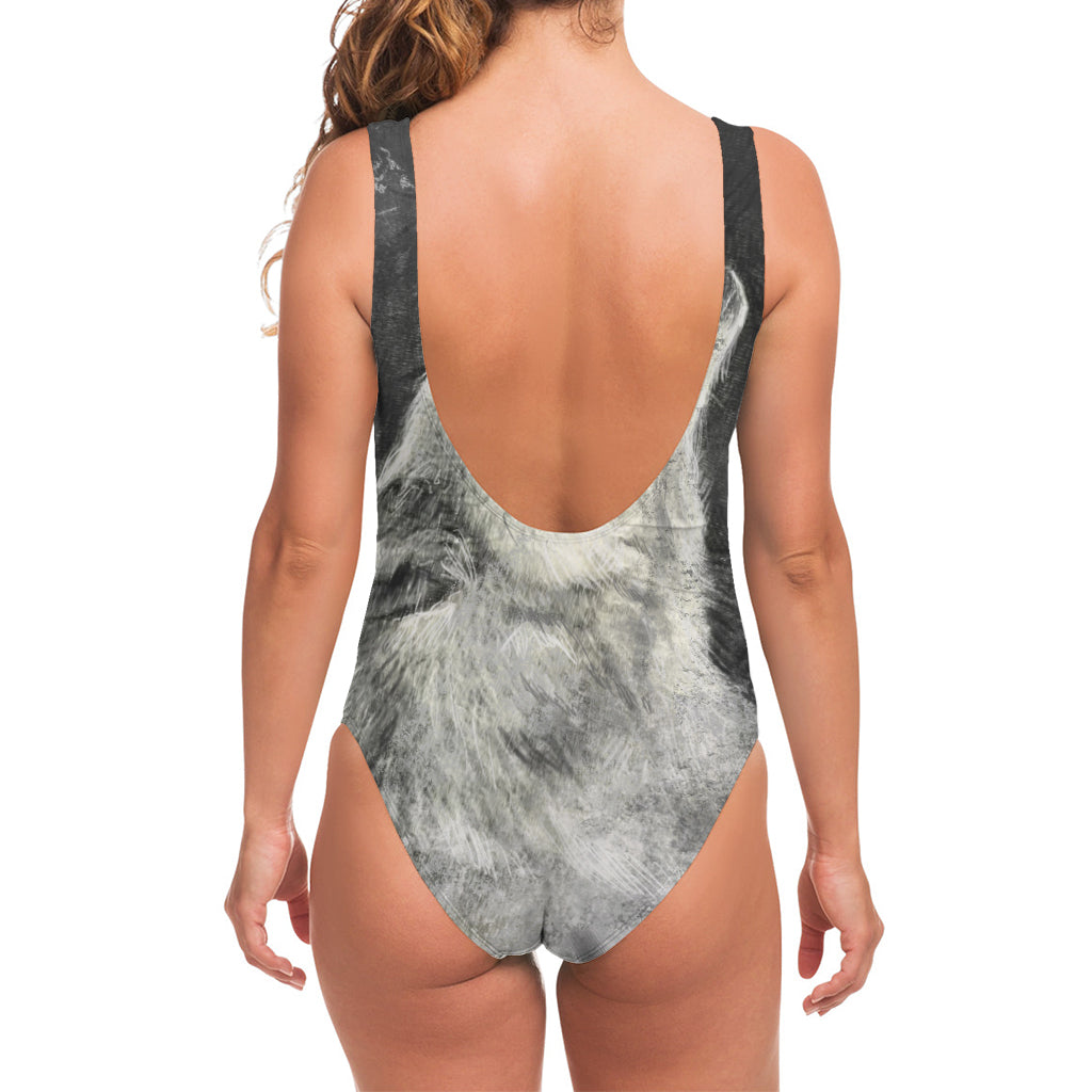 Monochrome Howling Wolf Print One Piece Swimsuit