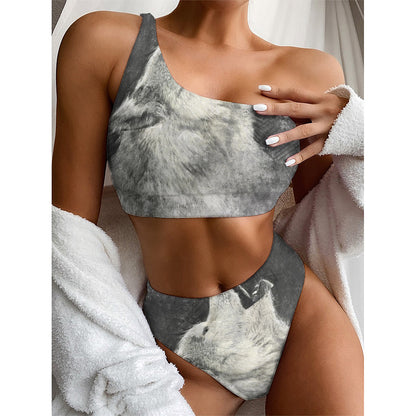 Monochrome Howling Wolf Print One Shoulder Bikini Top