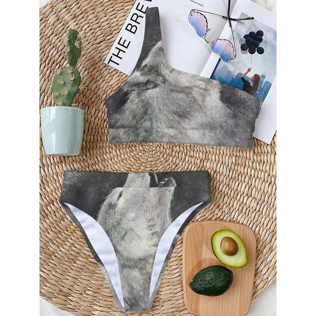 Monochrome Howling Wolf Print One Shoulder Bikini Top