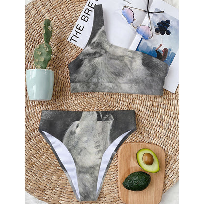 Monochrome Howling Wolf Print One Shoulder Bikini Top