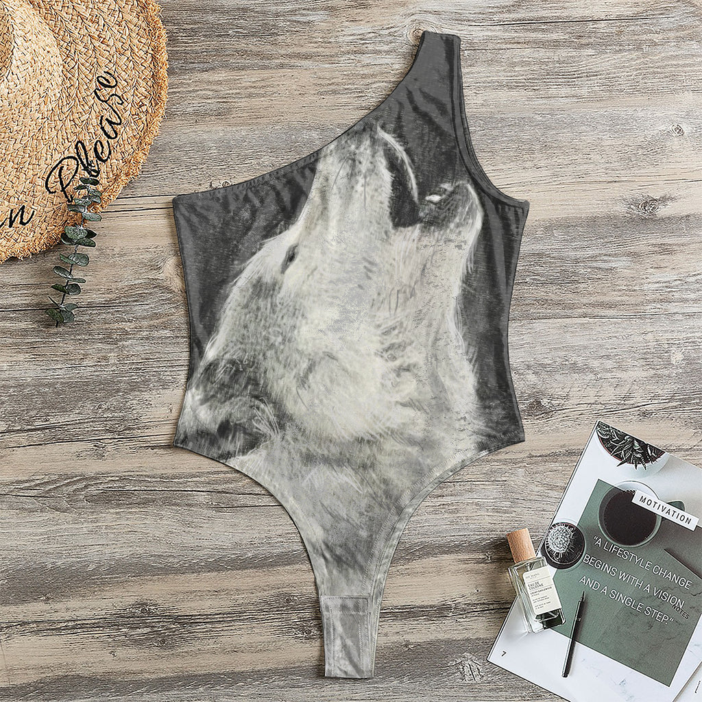 Monochrome Howling Wolf Print One Shoulder Bodysuit