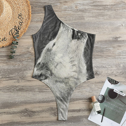 Monochrome Howling Wolf Print One Shoulder Bodysuit