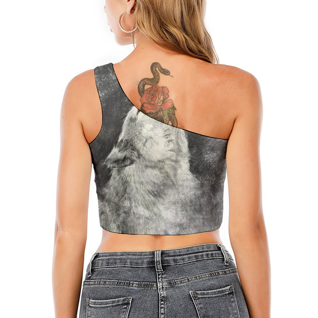 Monochrome Howling Wolf Print One Shoulder Crop Top