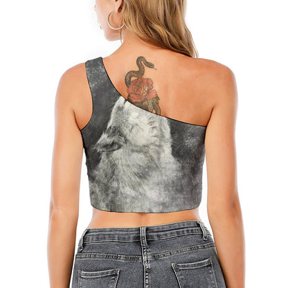 Monochrome Howling Wolf Print One Shoulder Crop Top