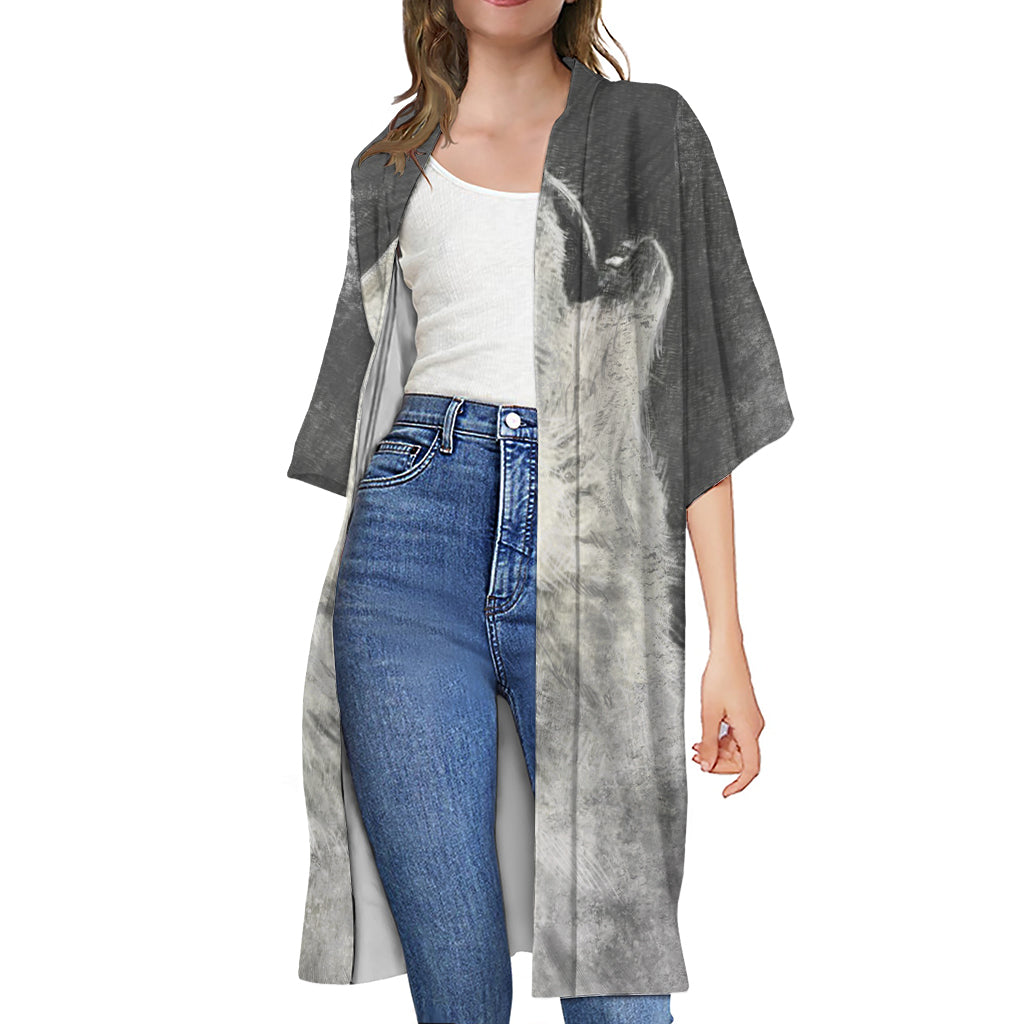 Monochrome Howling Wolf Print Open Front Beach Cover Up