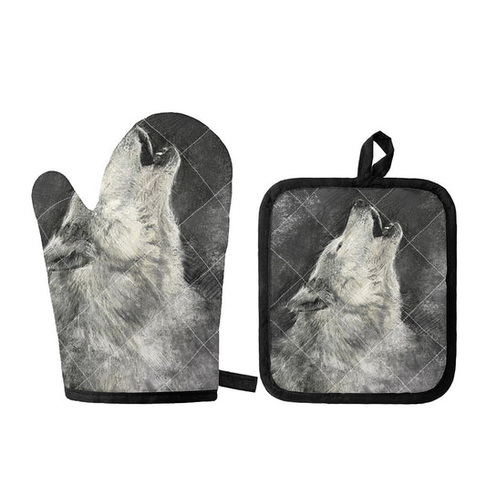Monochrome Howling Wolf Print Oven Mitt And Pot Holder Set