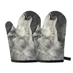Monochrome Howling Wolf Print Oven Mitts