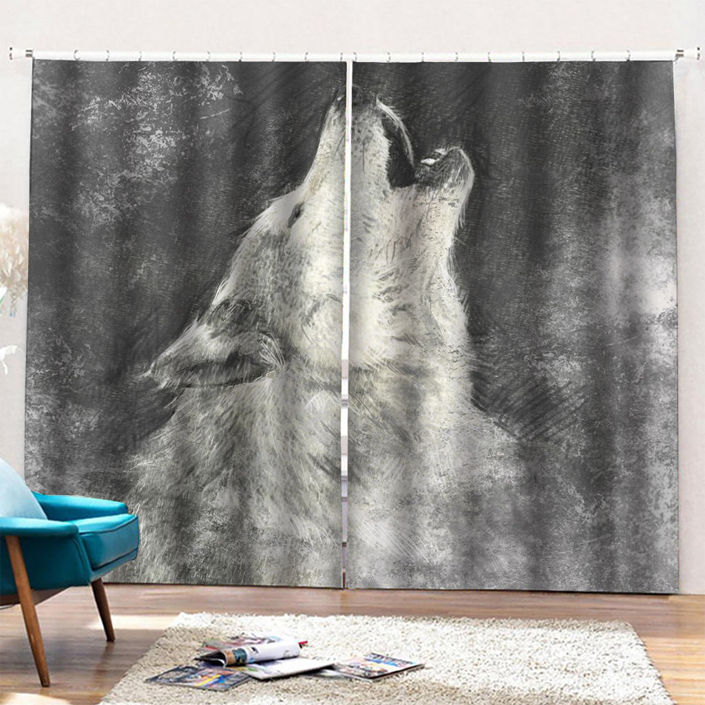 Monochrome Howling Wolf Print Pencil Pleat Curtains