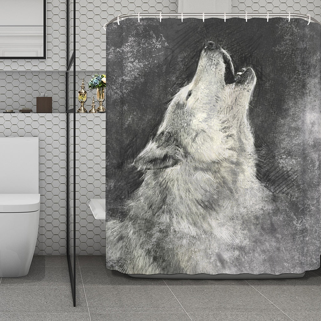 Monochrome Howling Wolf Print Polyester Shower Curtain