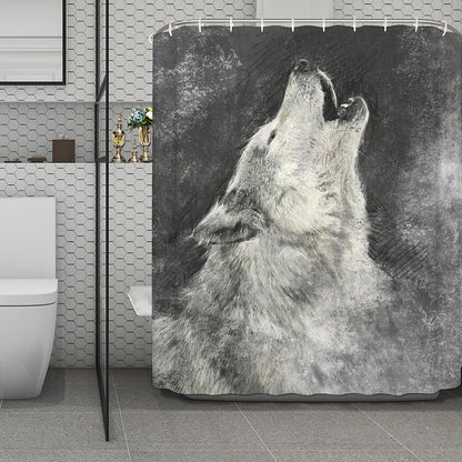 Monochrome Howling Wolf Print Polyester Shower Curtain