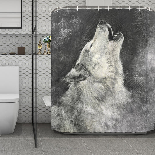 Monochrome Howling Wolf Print Polyester Shower Curtain