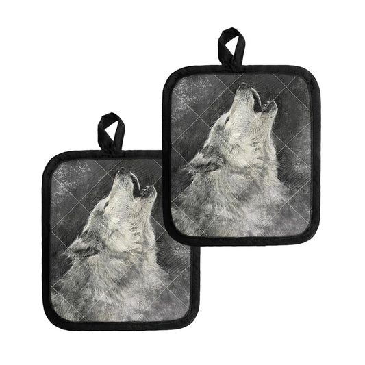Monochrome Howling Wolf Print Pot Holders