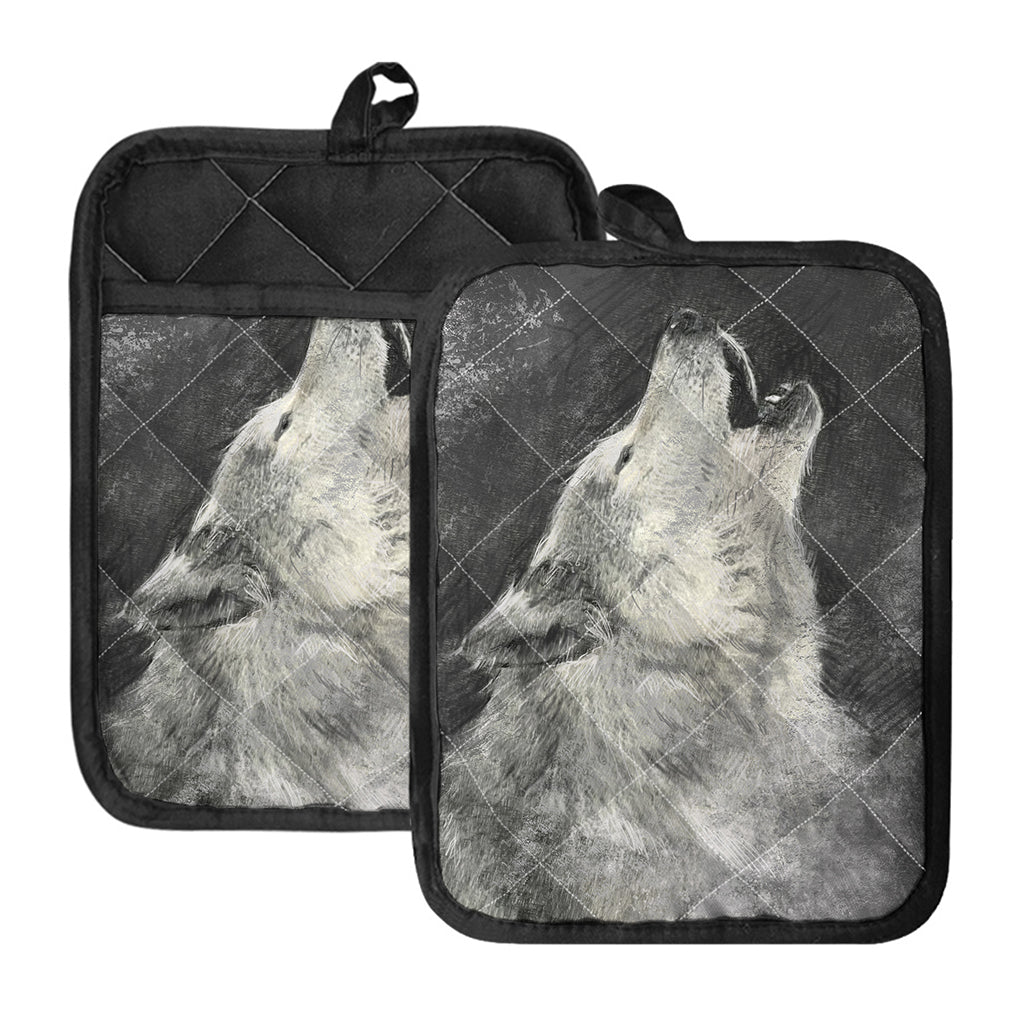 Monochrome Howling Wolf Print Pot Holders With Pocket