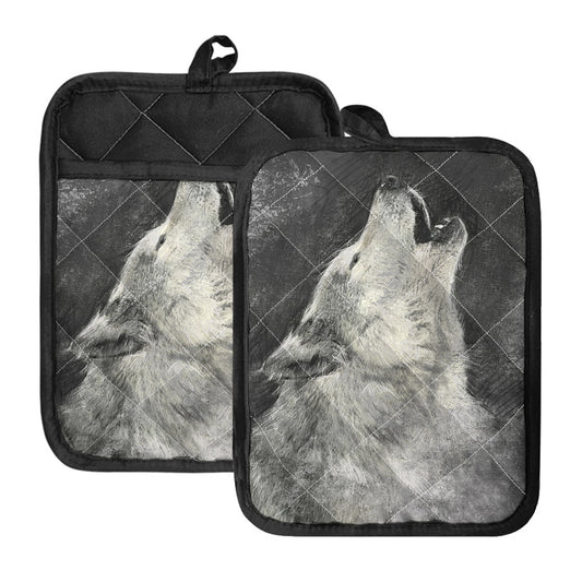 Monochrome Howling Wolf Print Pot Holders With Pocket