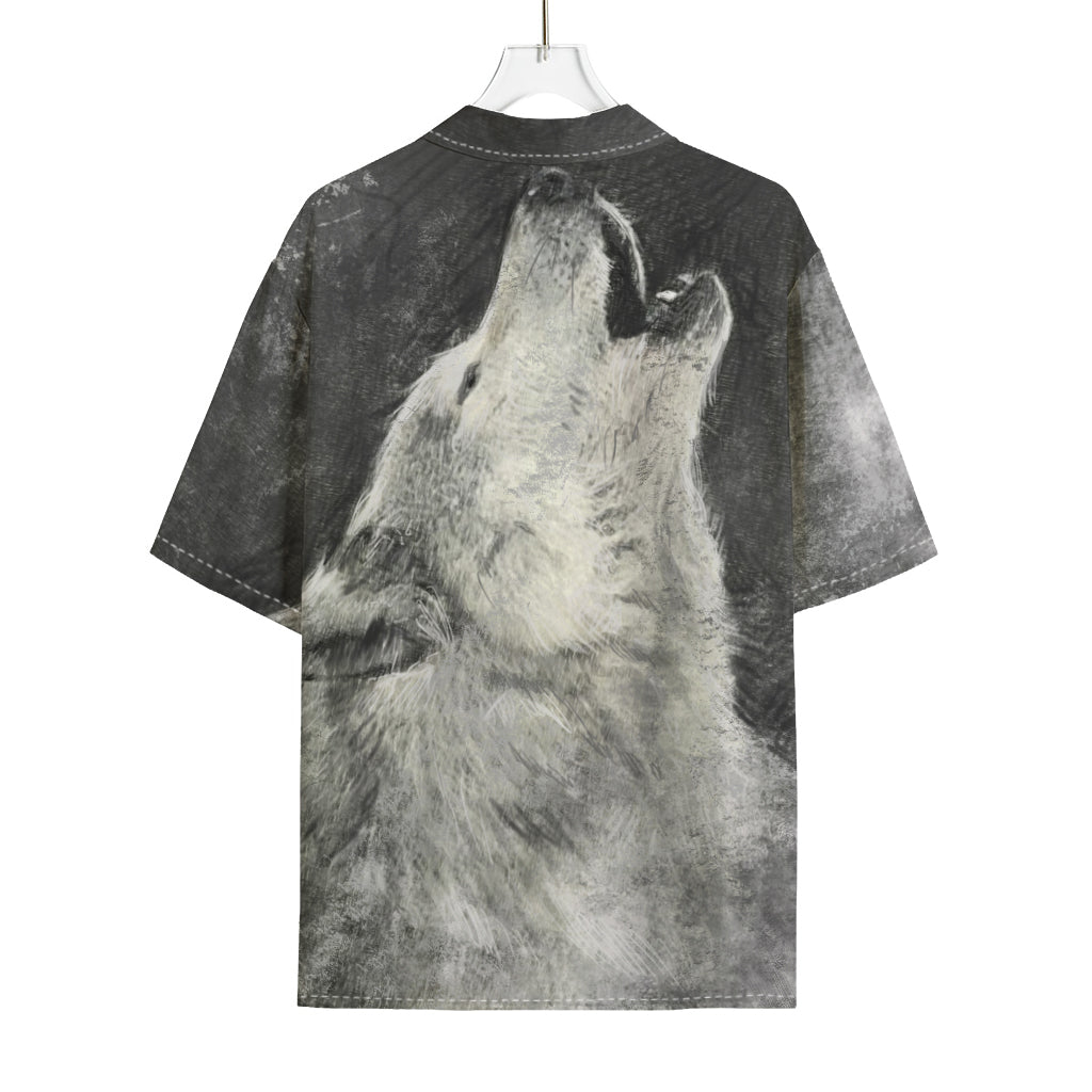Monochrome Howling Wolf Print Rayon Hawaiian Shirt