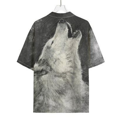 Monochrome Howling Wolf Print Rayon Hawaiian Shirt