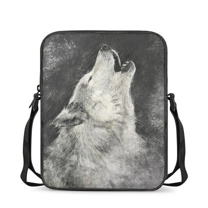 Monochrome Howling Wolf Print Rectangular Crossbody Bag