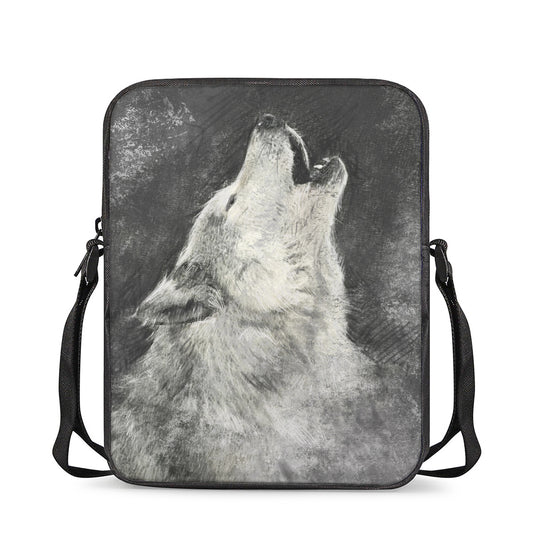 Monochrome Howling Wolf Print Rectangular Crossbody Bag