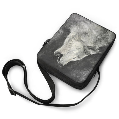 Monochrome Howling Wolf Print Rectangular Crossbody Bag