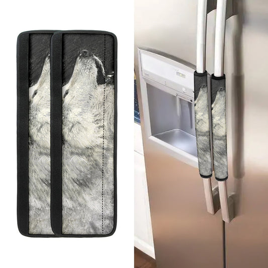 Monochrome Howling Wolf Print Refrigerator Handle Covers