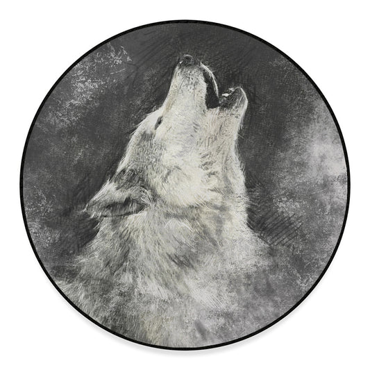 Monochrome Howling Wolf Print Round Floor Mat
