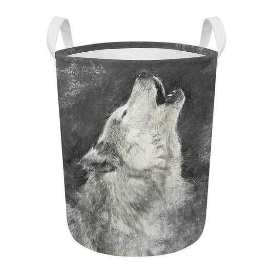Monochrome Howling Wolf Print Round Laundry Basket