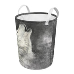 Monochrome Howling Wolf Print Round Laundry Basket