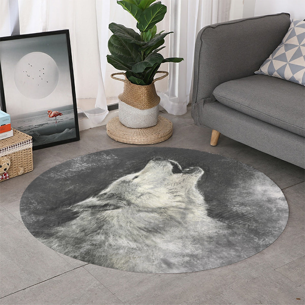 Monochrome Howling Wolf Print Round Rug