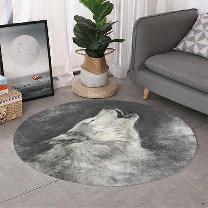 Monochrome Howling Wolf Print Round Rug
