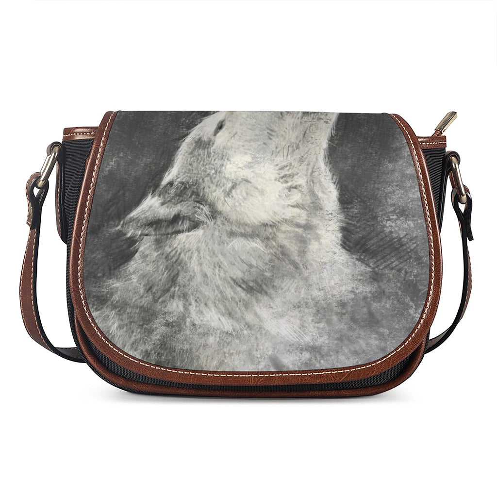 Monochrome Howling Wolf Print Saddle Bag