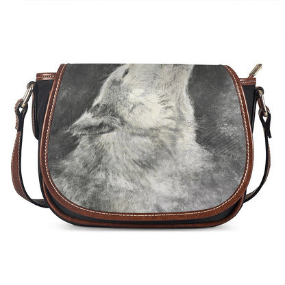 Monochrome Howling Wolf Print Saddle Bag