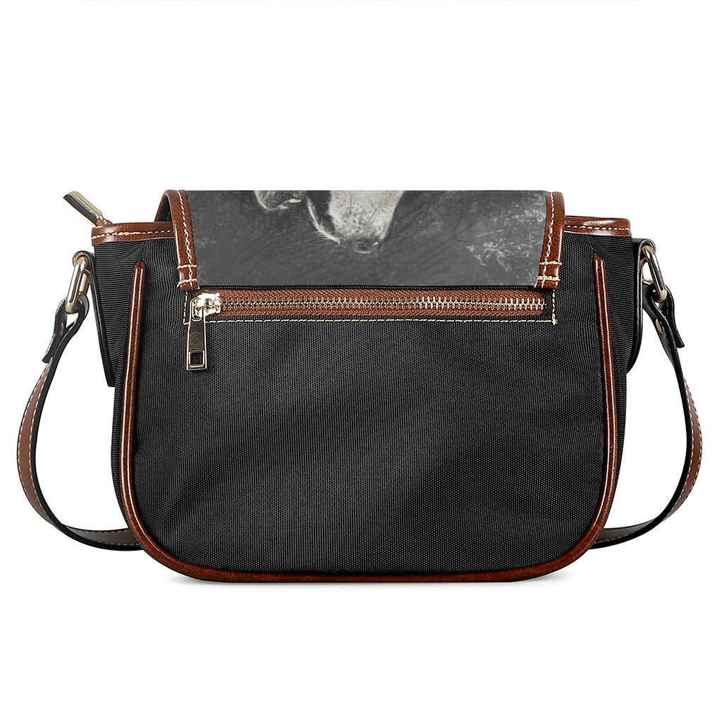 Monochrome Howling Wolf Print Saddle Bag