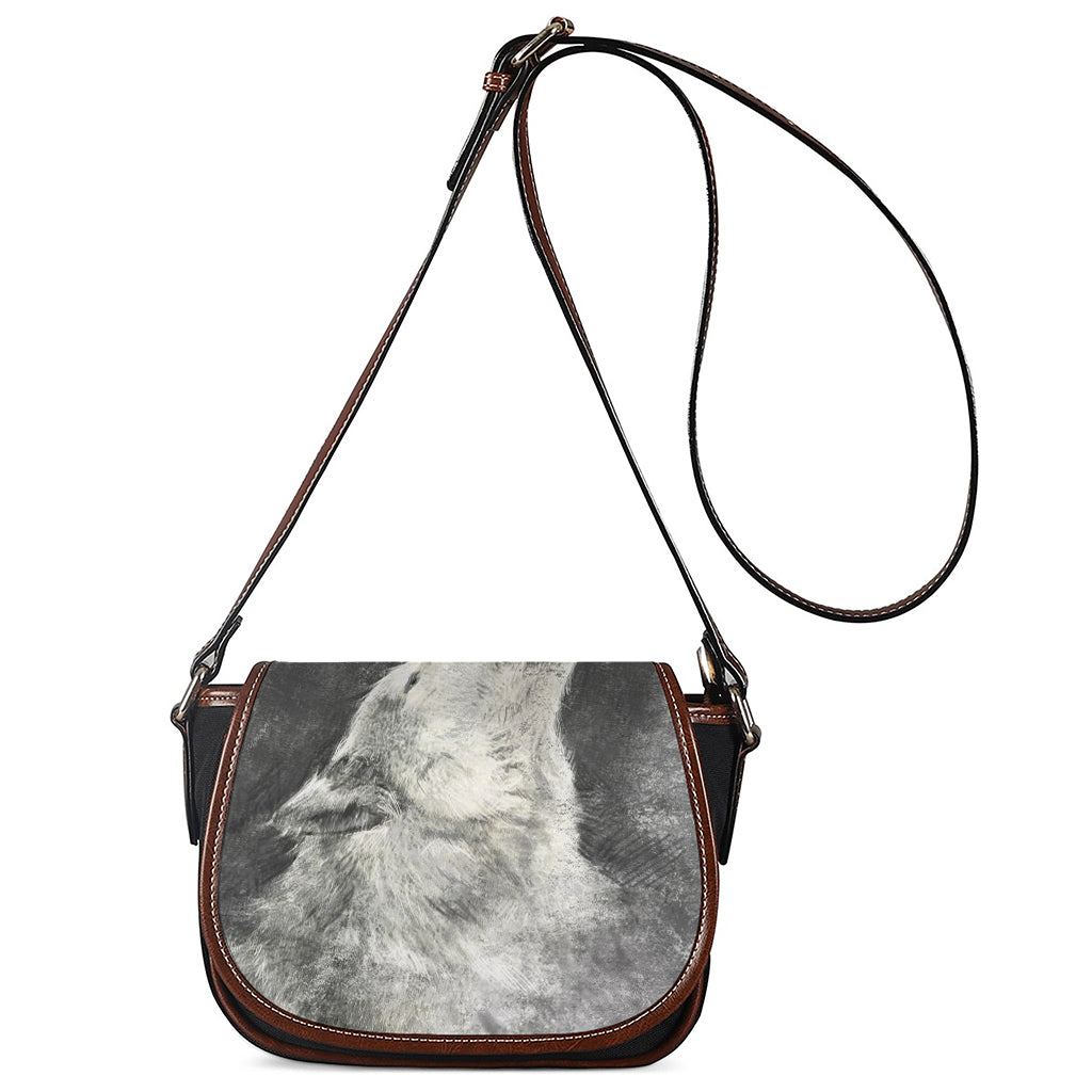 Monochrome Howling Wolf Print Saddle Bag