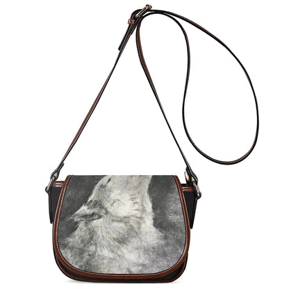Monochrome Howling Wolf Print Saddle Bag